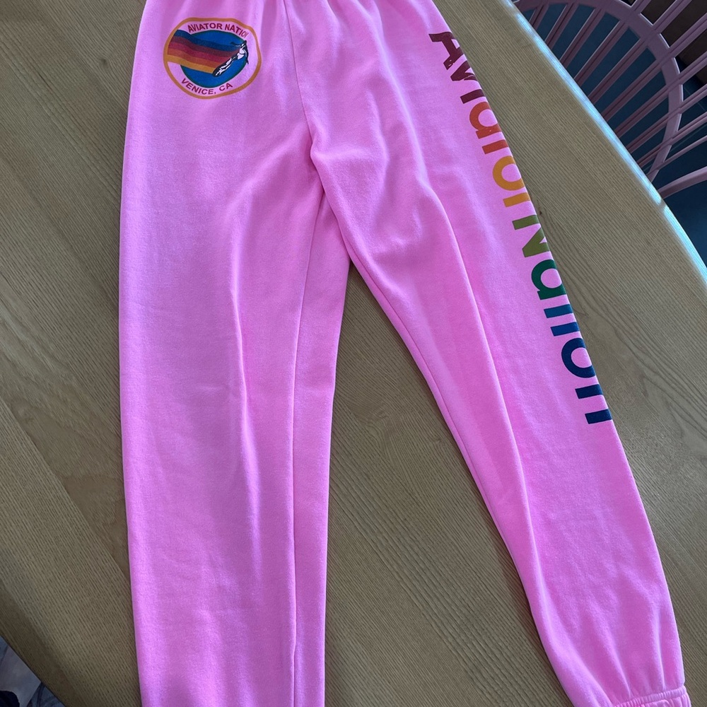 Aviator Nation Pink Sweatpants with Rainbow Logo